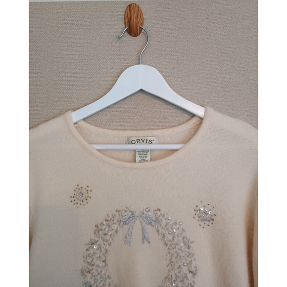 Orvis Sweater Women Large Off White Christmas Wreath Holiday Soft Cozy Festive - Picture 4 of 12
